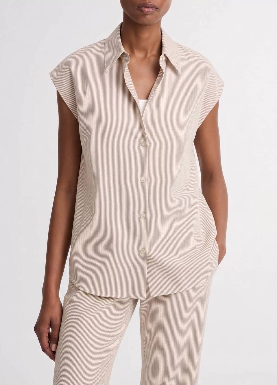 NEW VINCE ticking stripe cap sleeve blouse in taupe wood